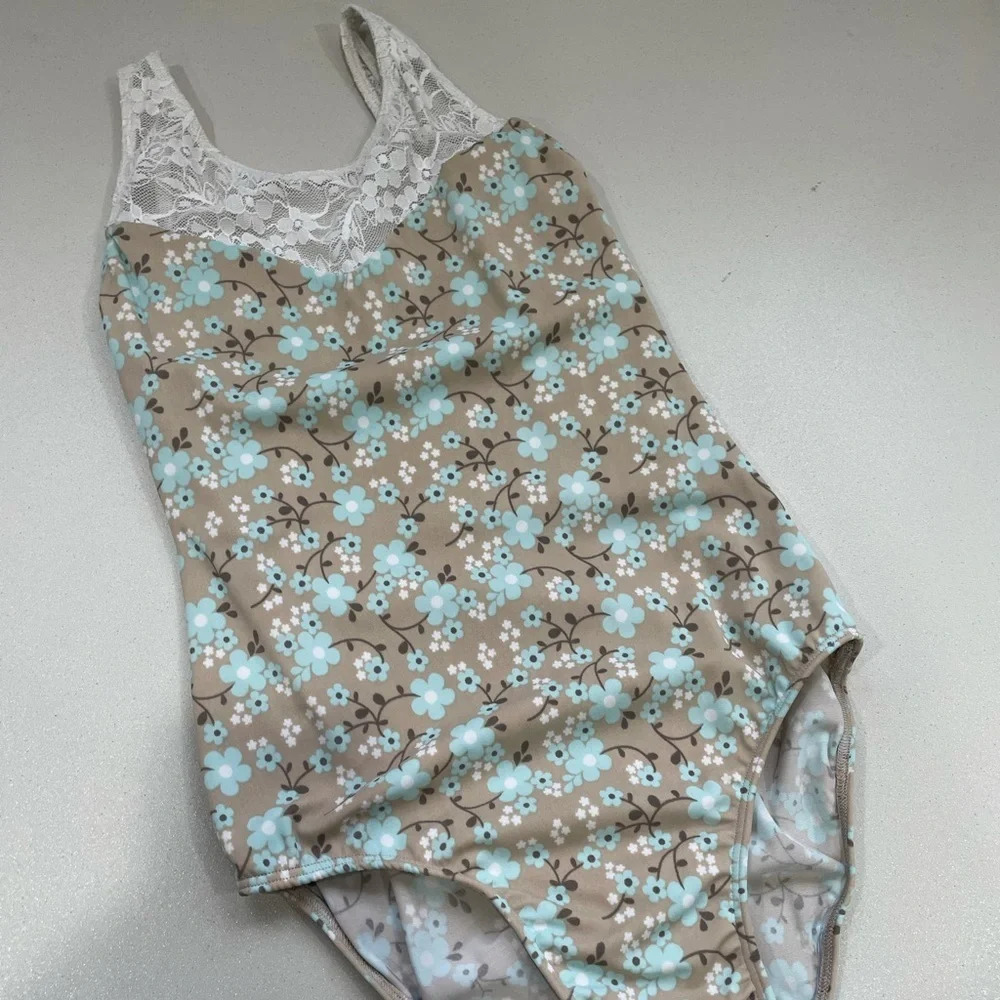 Class In Dancewear Leotard Blue Floral Pattern with White Flowers Small - Picture 1 of 4